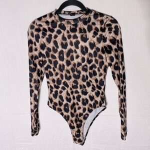5/$25 Shein Brown Black Animal Print Mock Neck Long Sleeve Bodysuit M